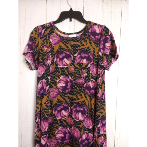 Lularoe Dress Small Carly Swing High Low Black Purple Flowers Casual Comfy - Picture 2 of 7